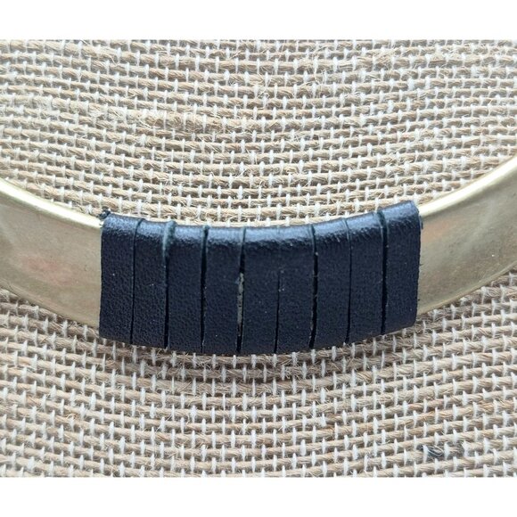 Brushed Gold Tone & Black Faux Leather Structured Collar Choker Necklace 18" - Picture 4 of 9